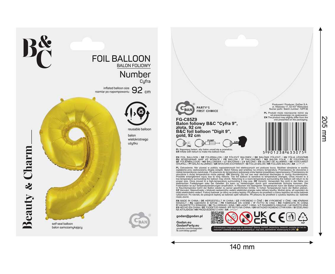 Foil balloon B&C digit 9, gold, 92 cm